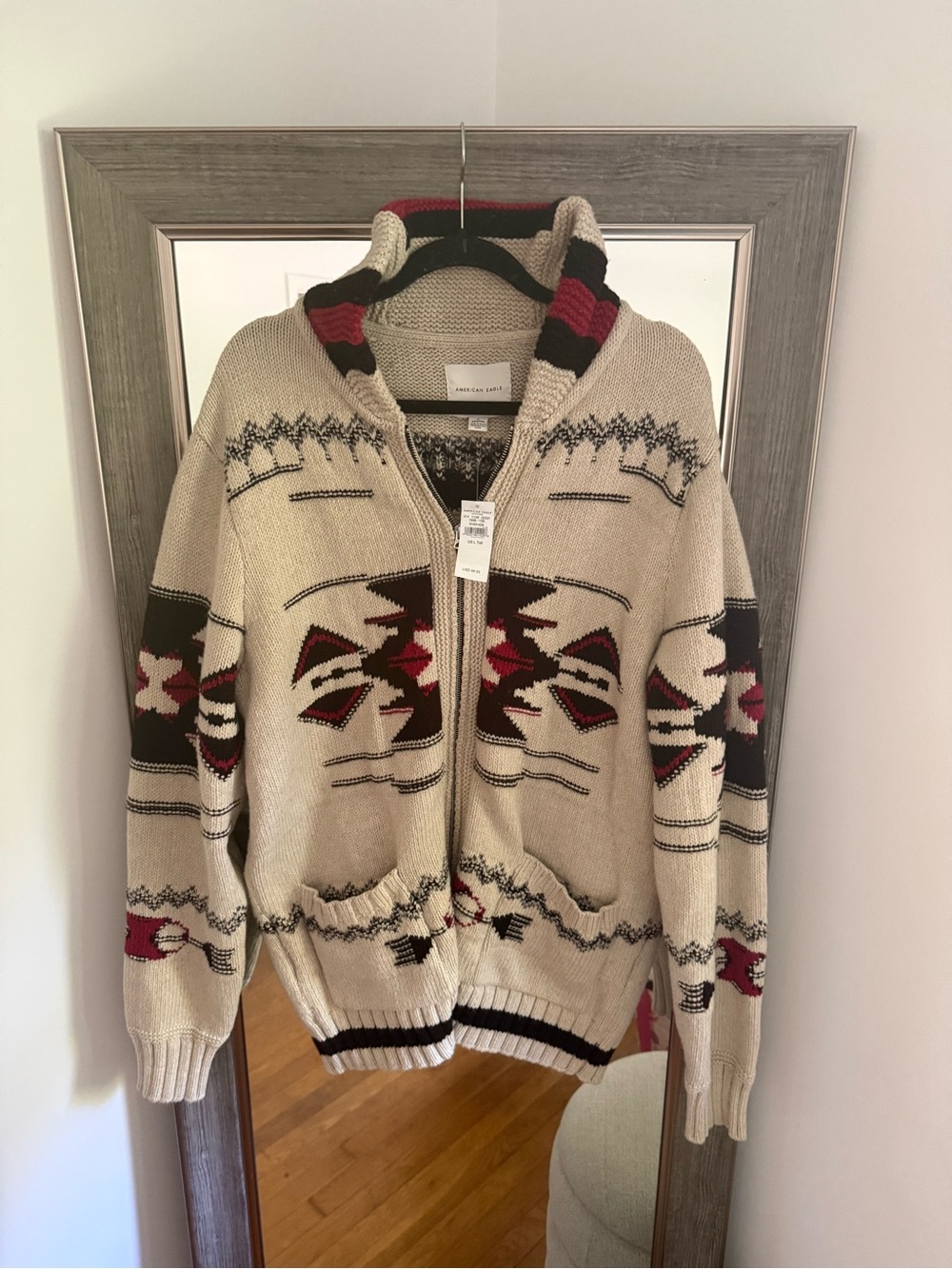 Aztec Style Zip-Up Shawl Collar Sweater - Cream with Red & Black Accents